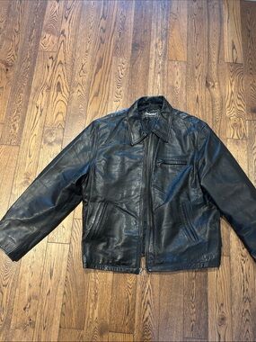 Classic Black Leather Bomber Jacket with Zip Front